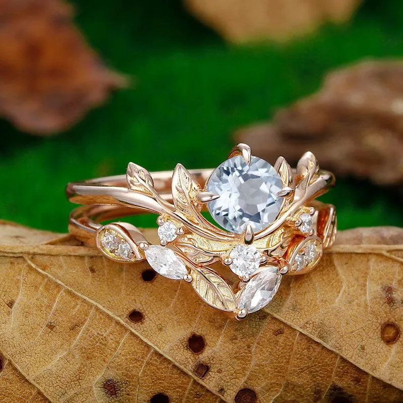 0.8CT Round Cut  Aqumarine  14k rose gold Leaf Vine and Twig engagement ring set
