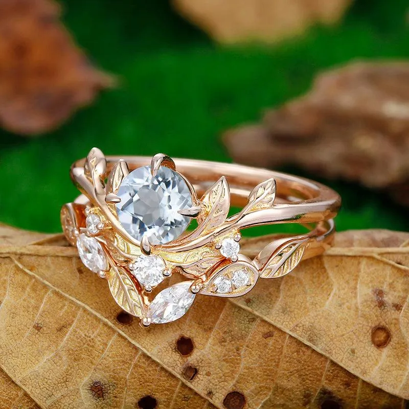 0.8CT Round Cut  Aqumarine  14k rose gold Leaf Vine and Twig engagement ring set