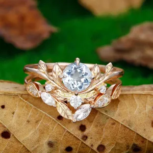 0.8CT Round Cut  Aqumarine  14k rose gold Leaf Vine and Twig engagement ring set