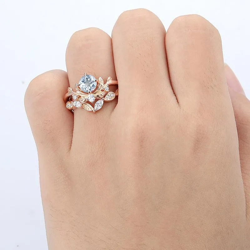0.8CT Round Cut  Aqumarine  14k rose gold Leaf Vine and Twig engagement ring set