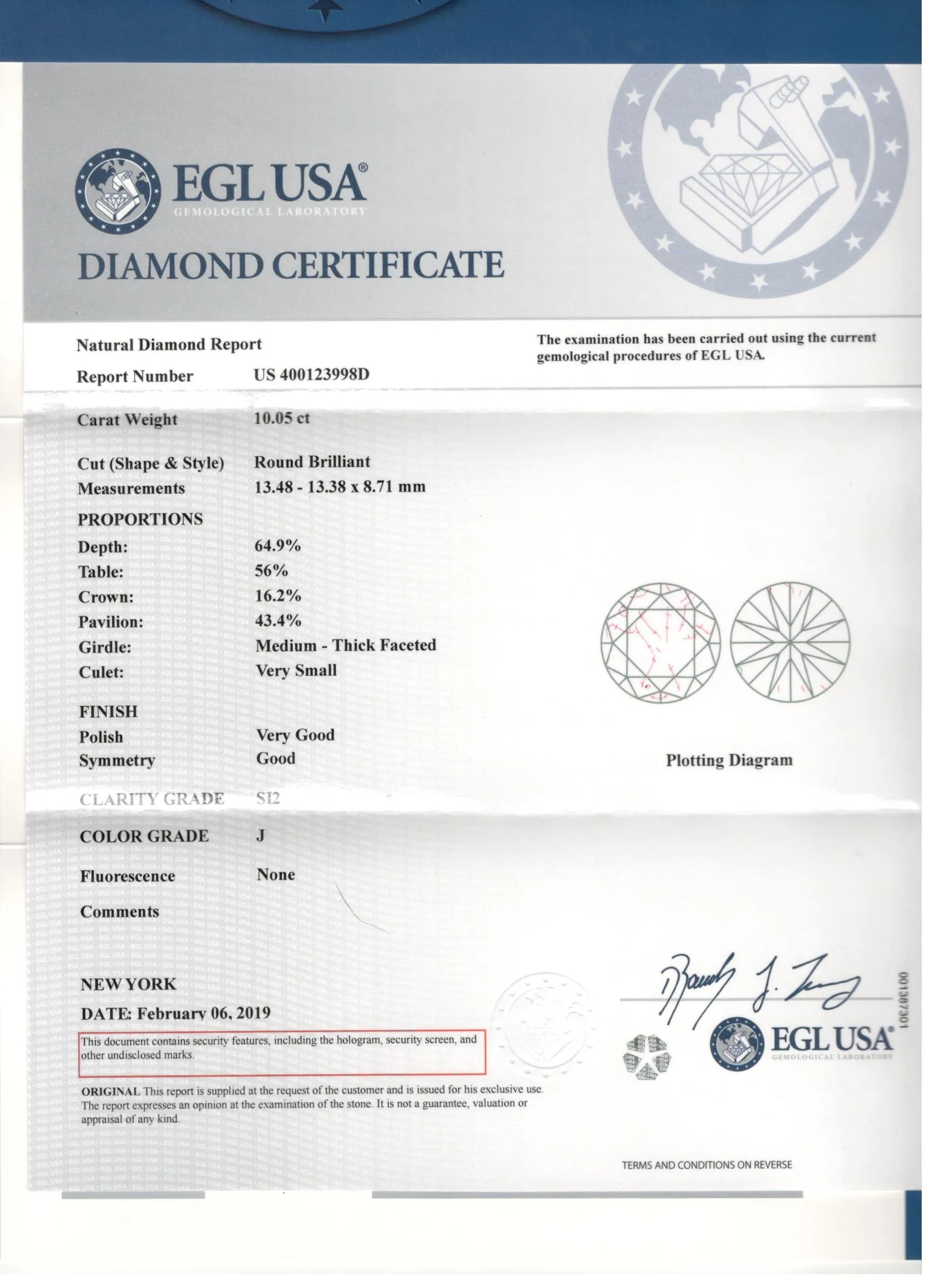 10.05 Carat Round Brilliant Cut Diamond Ring EGL Certified
