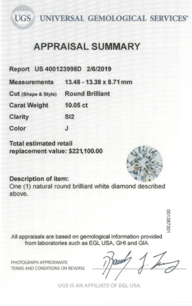 10.05 Carat Round Brilliant Cut Diamond Ring EGL Certified