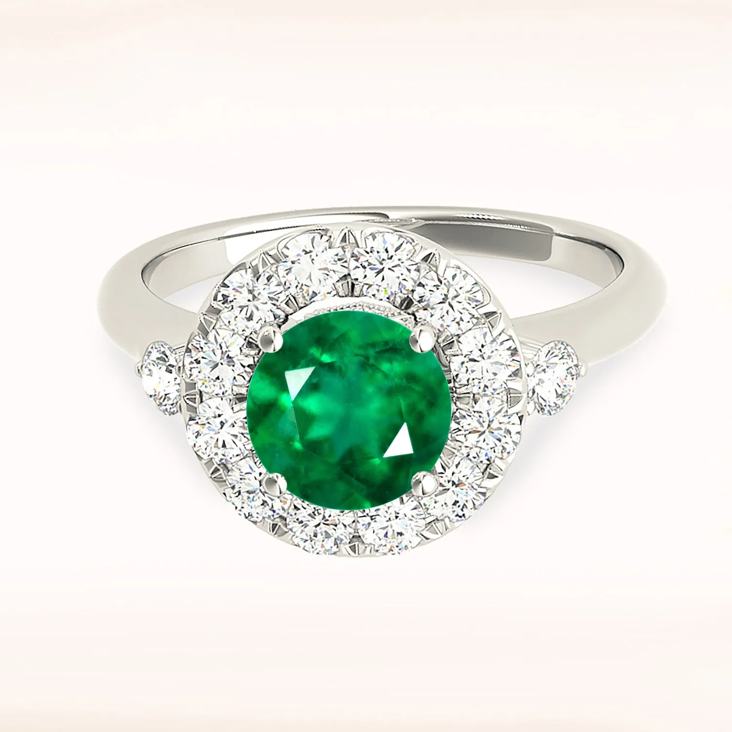 1.15 ct. Genuine Emerald Ring With Halo and Side Accent Diamonds