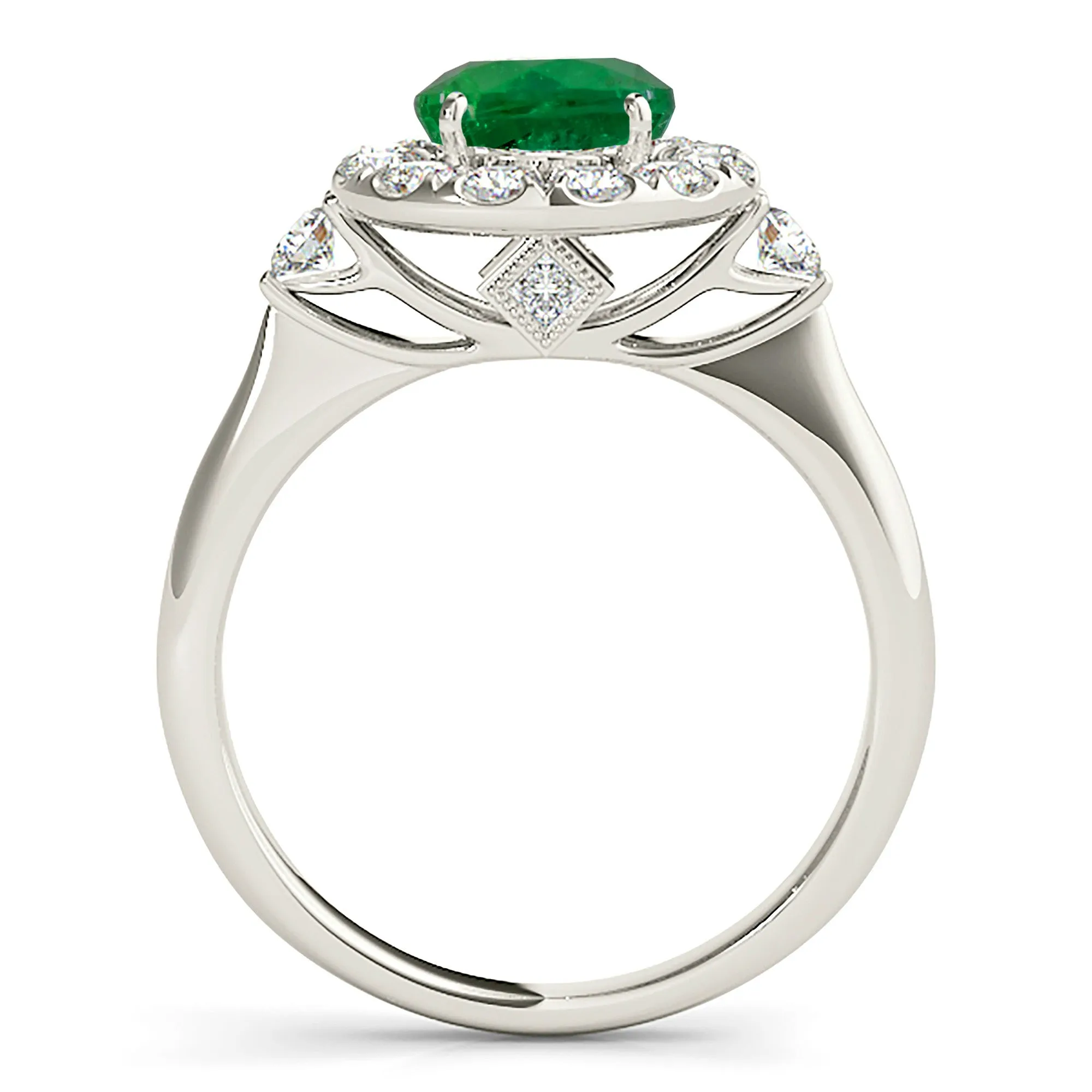 1.15 ct. Genuine Emerald Ring With Halo and Side Accent Diamonds