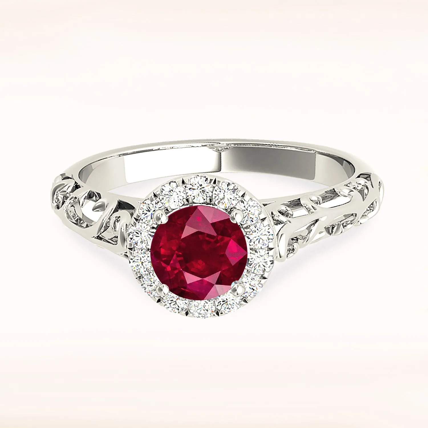 1.15 ct. Genuine Ruby Ring With Halo , Hand Caved Filigree Fancy Band