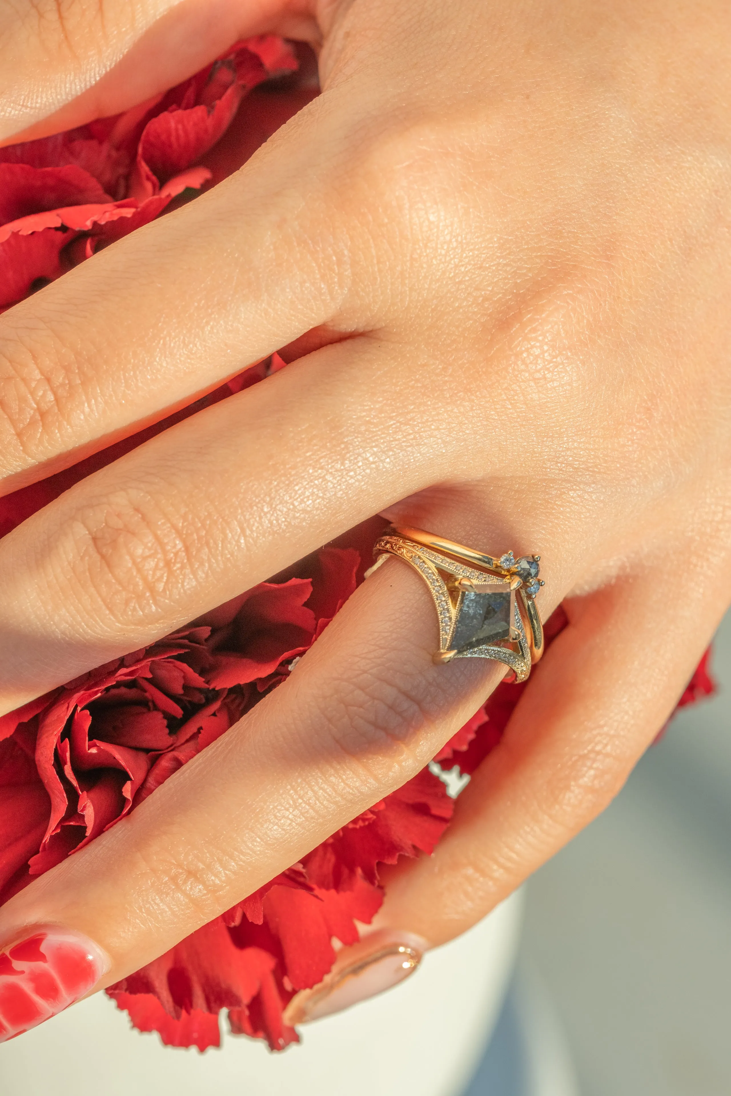 1.17 Carat Black Speckled Kite and Diamond Engagement Ring, Engraved Mackenzie Setting, 14k Yellow Gold