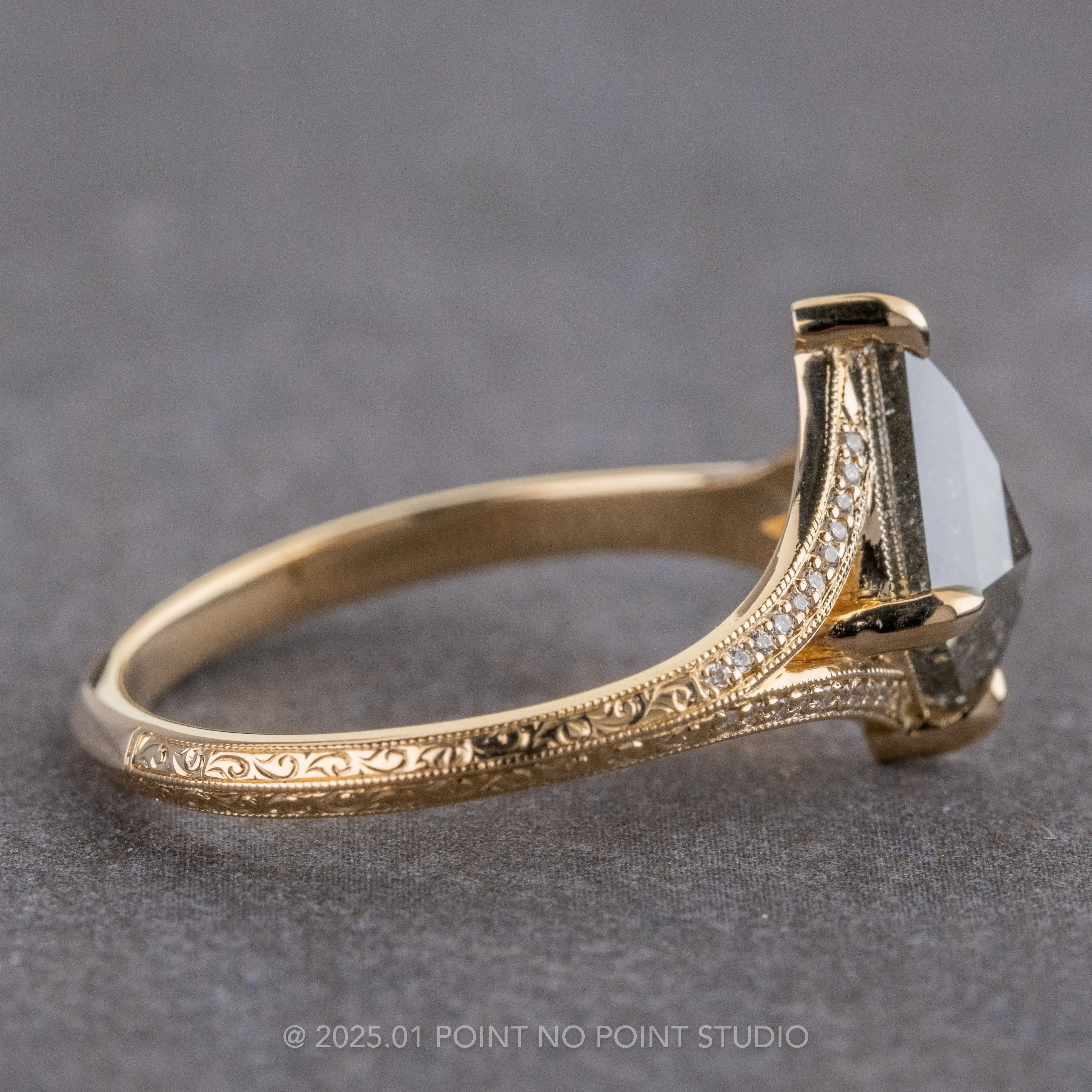 1.17 Carat Black Speckled Kite and Diamond Engagement Ring, Engraved Mackenzie Setting, 14k Yellow Gold