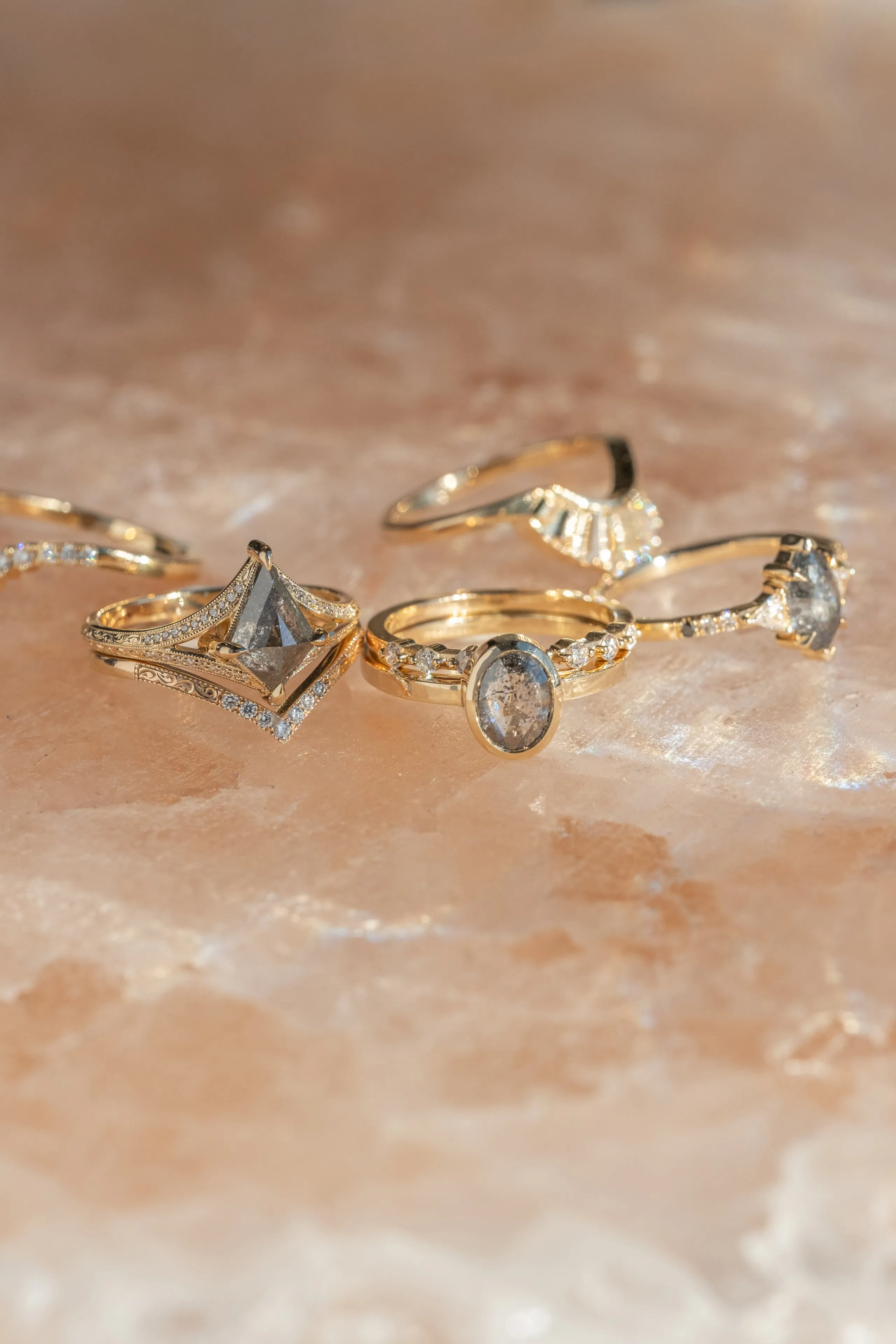 1.17 Carat Black Speckled Kite and Diamond Engagement Ring, Engraved Mackenzie Setting, 14k Yellow Gold