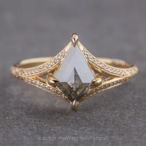 1.17 Carat Black Speckled Kite and Diamond Engagement Ring, Engraved Mackenzie Setting, 14k Yellow Gold