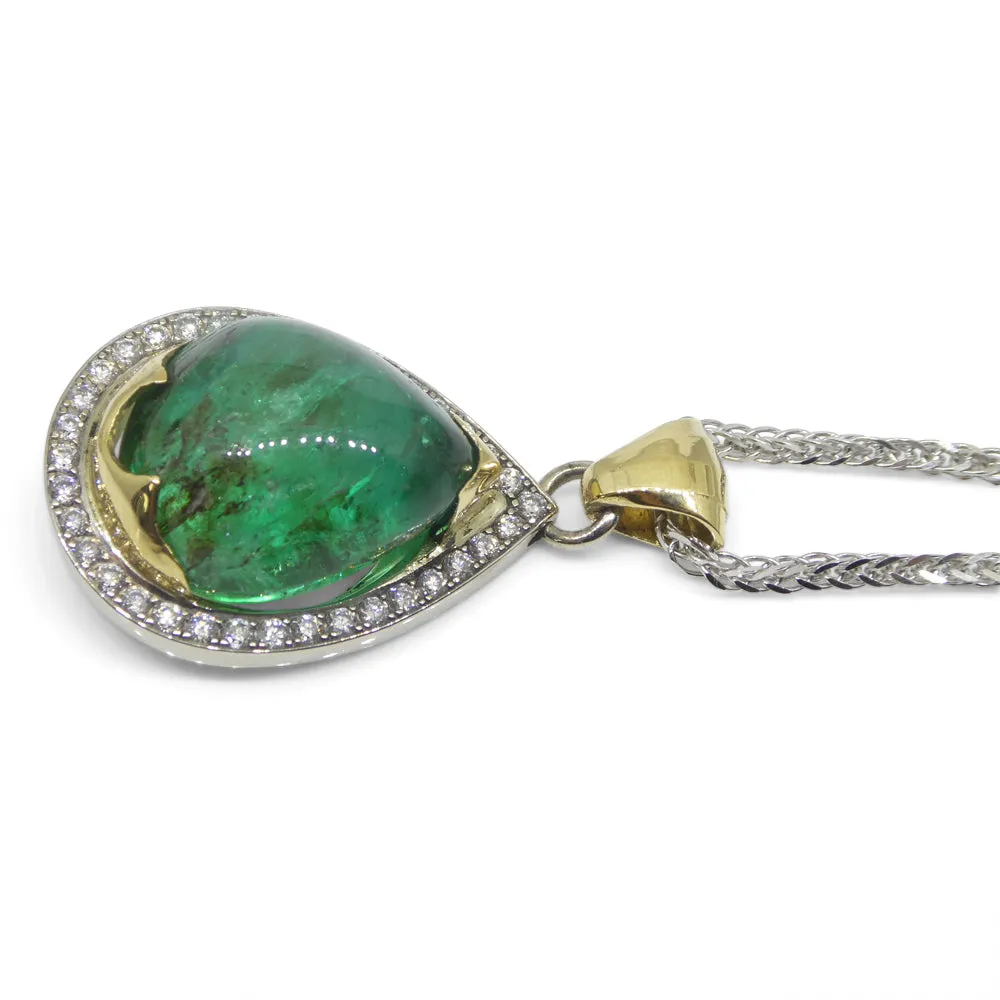 11.85ct Pear Cabochon Emerald, Diamond Pendant set in 14k White and Yellow Gold