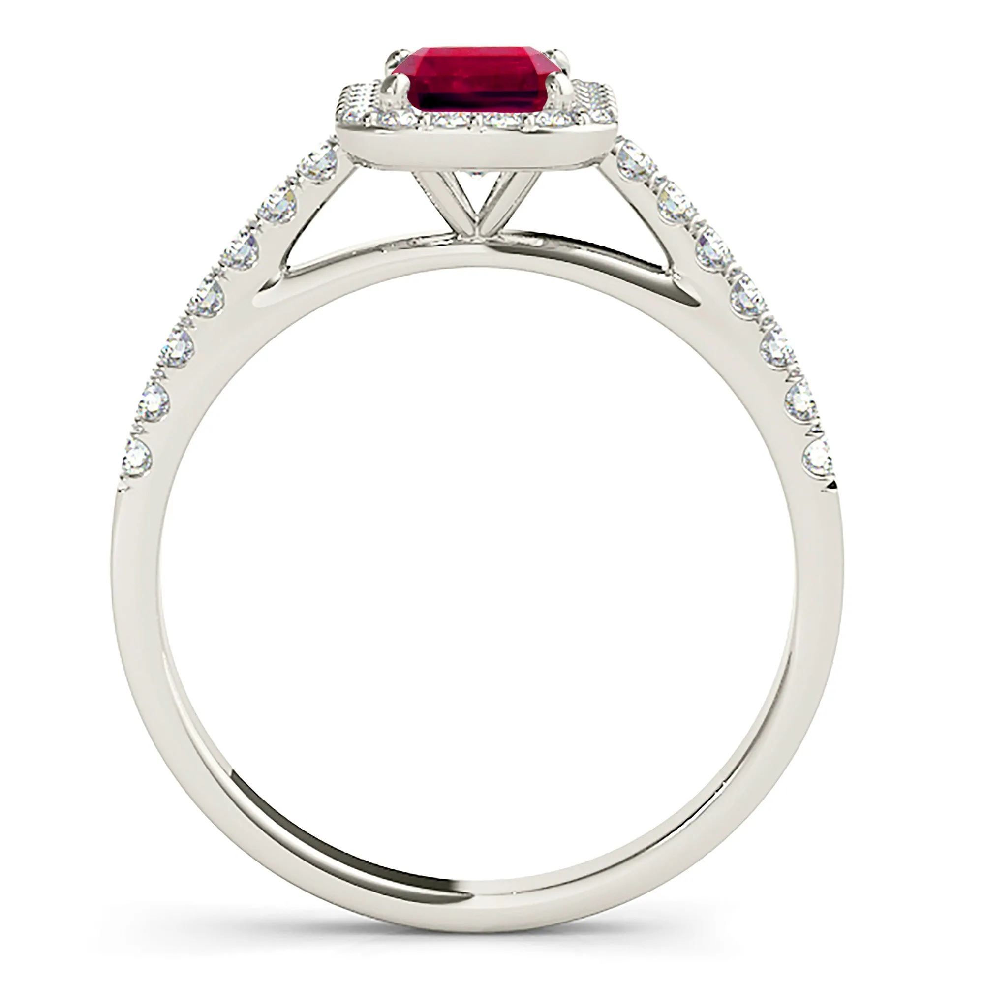 1.20 ct. Genuine Emerald Cut Ruby Ring With Halo And Delicate Diamond Band