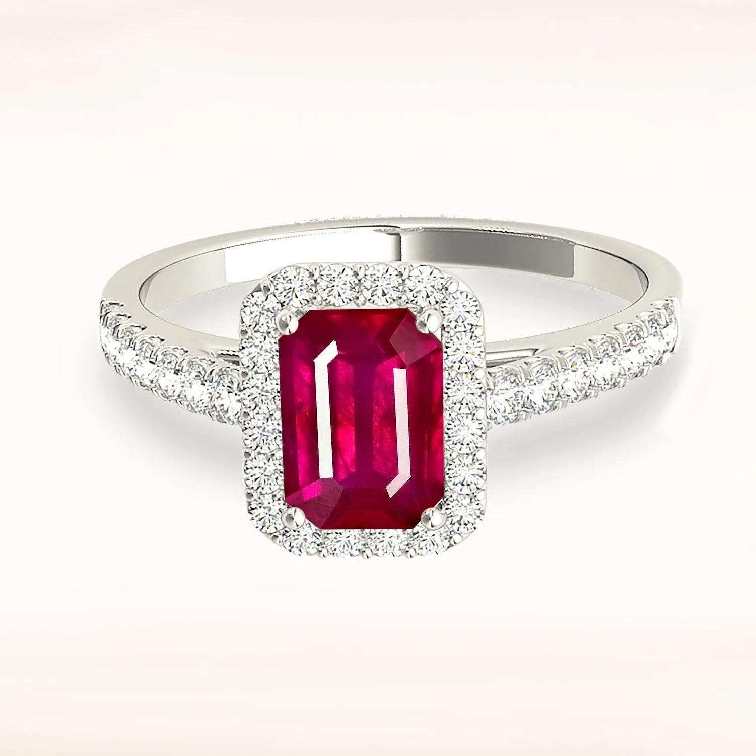 1.20 ct. Genuine Emerald Cut Ruby Ring With Halo And Delicate Diamond Band
