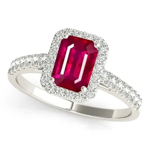 1.20 ct. Genuine Emerald Cut Ruby Ring With Halo And Delicate Diamond Band