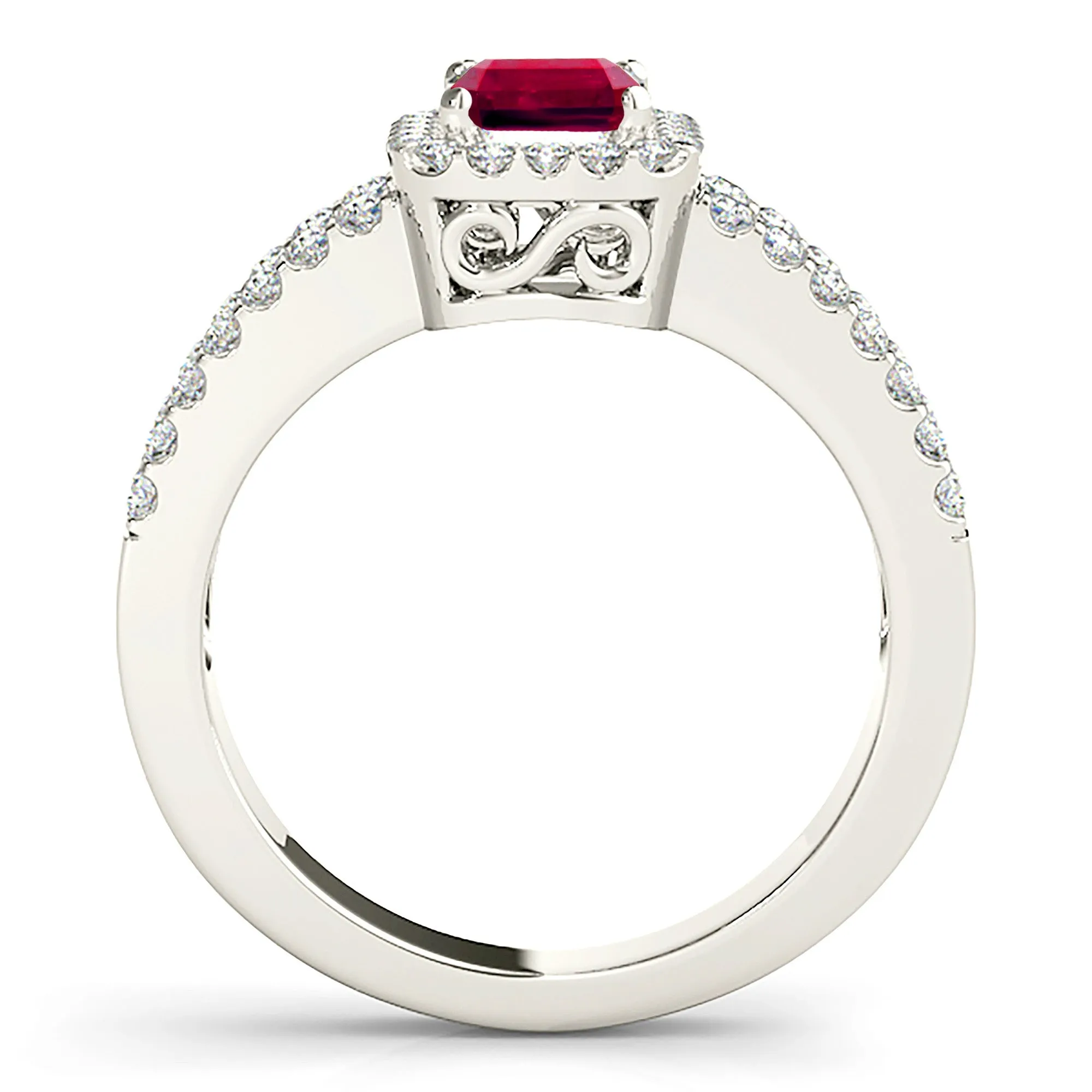 1.20 ct. Genuine Emerald Cut Ruby Ring With  Halo and Split Diamond Shank