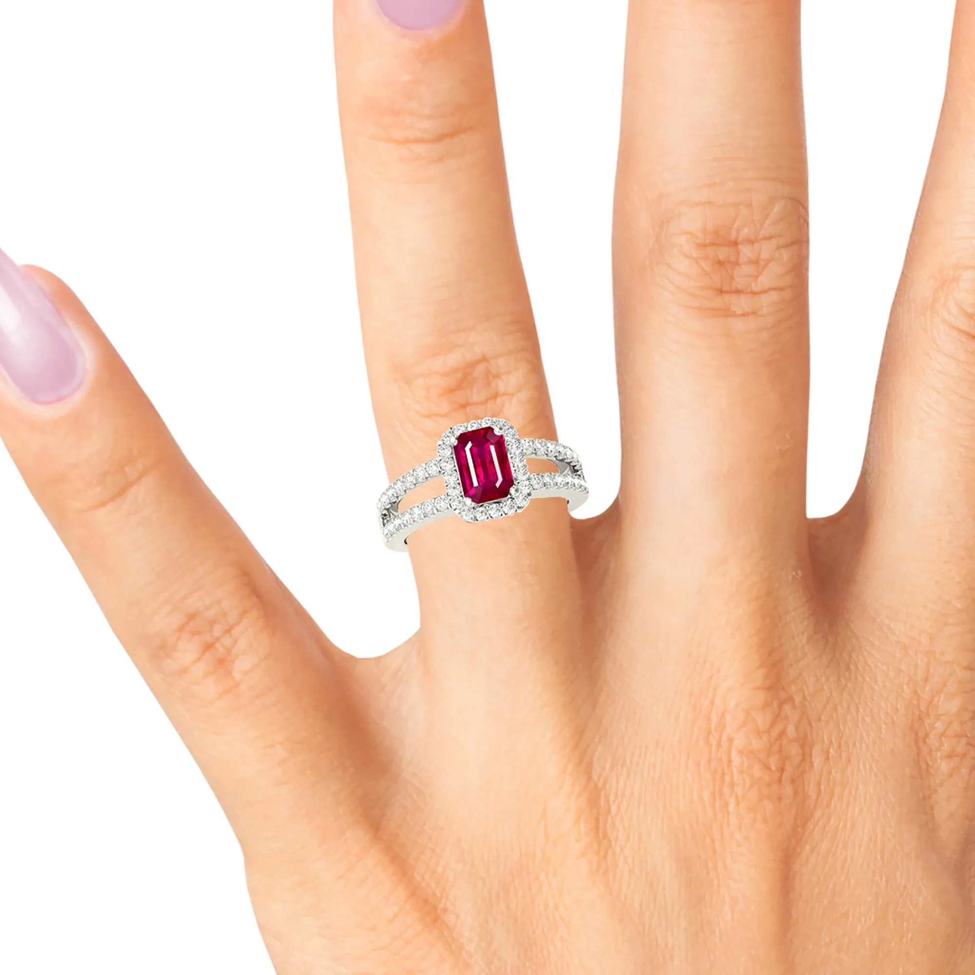 1.20 ct. Genuine Emerald Cut Ruby Ring With  Halo and Split Diamond Shank