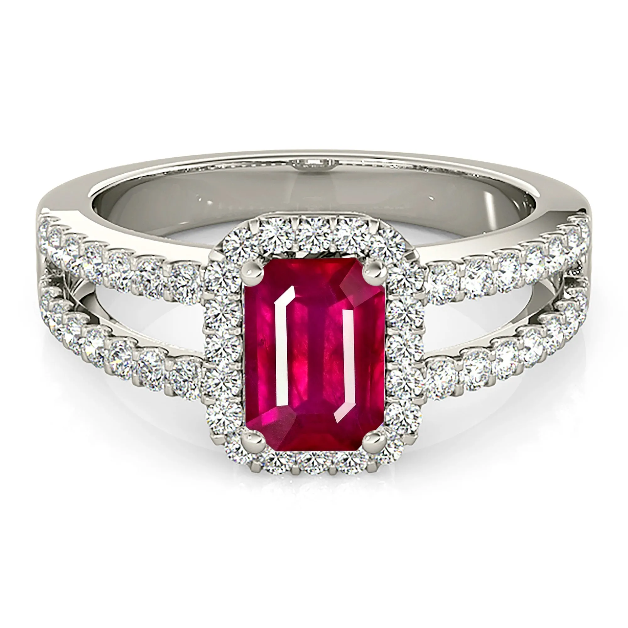 1.20 ct. Genuine Emerald Cut Ruby Ring With  Halo and Split Diamond Shank