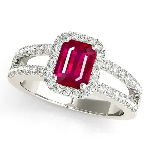 1.20 ct. Genuine Emerald Cut Ruby Ring With  Halo and Split Diamond Shank
