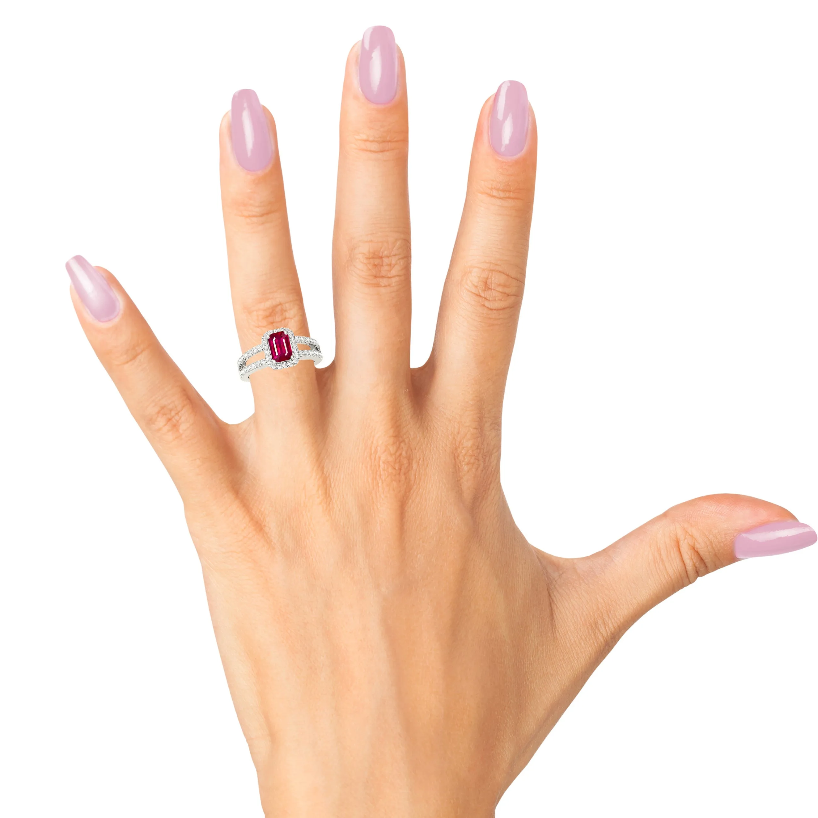 1.20 ct. Genuine Emerald Cut Ruby Ring With  Halo and Split Diamond Shank