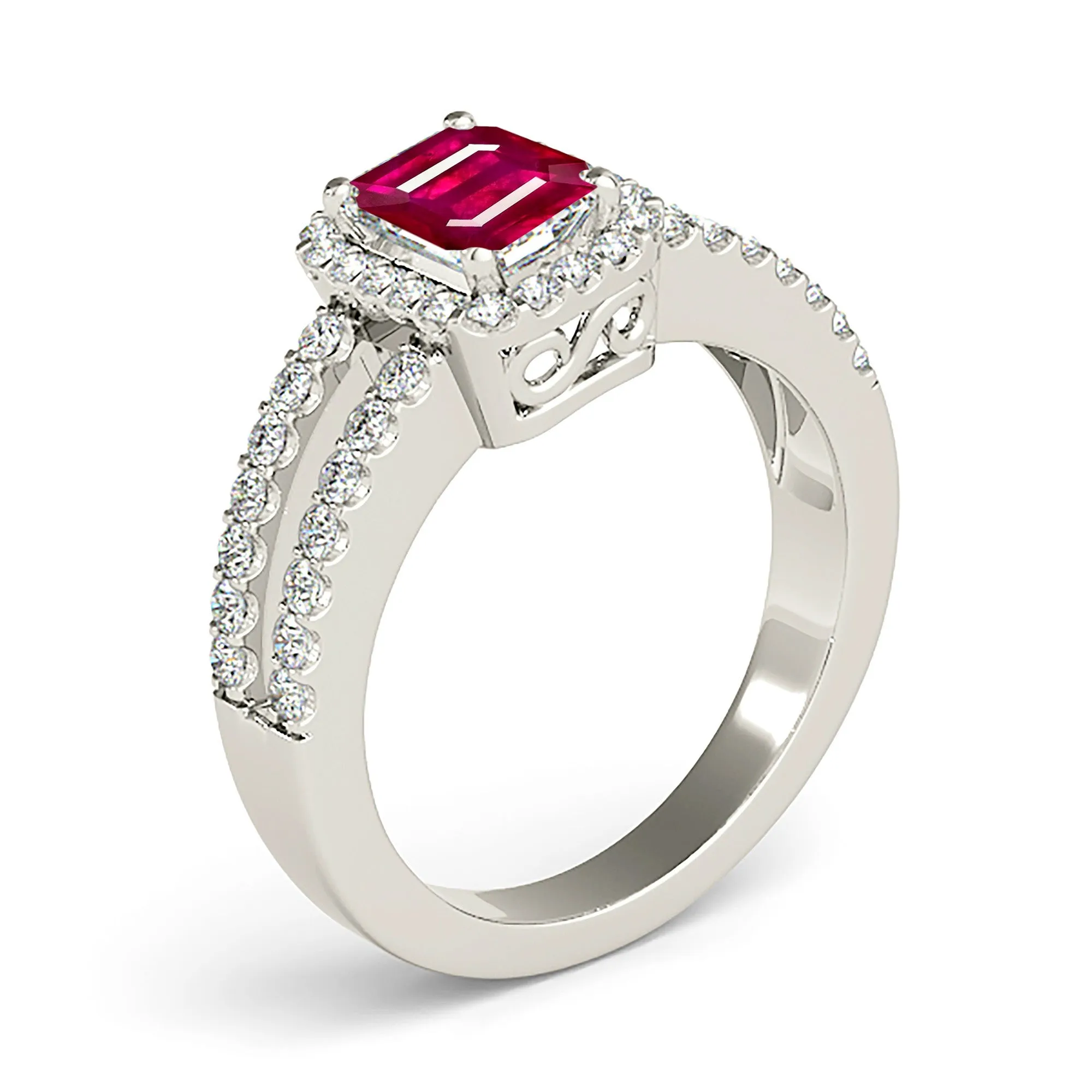 1.20 ct. Genuine Emerald Cut Ruby Ring With  Halo and Split Diamond Shank
