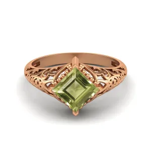 1.30 Ctw Peridot Filigree Design Bridal Ring 6x6mm Square Shaped Ring