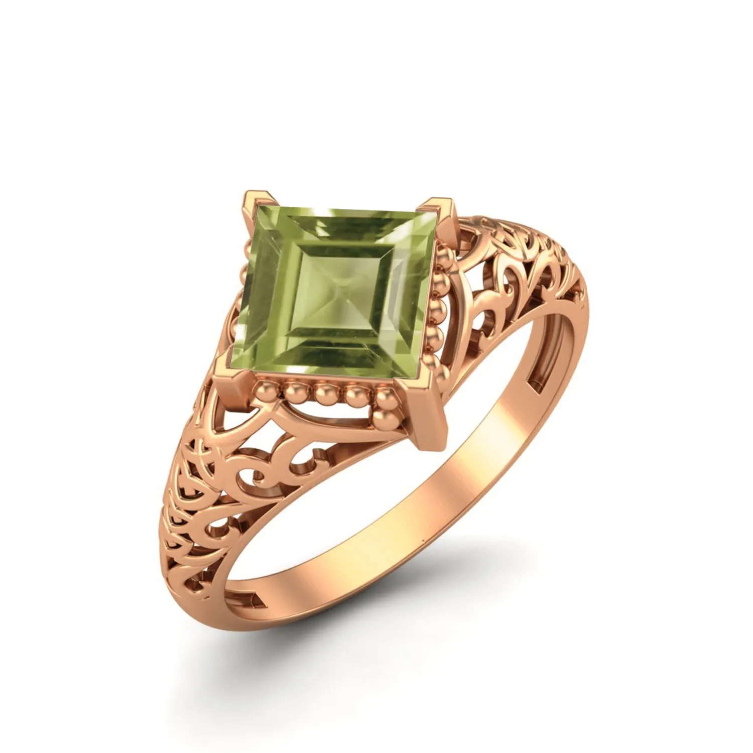 1.30 Ctw Peridot Filigree Design Bridal Ring 6x6mm Square Shaped Ring