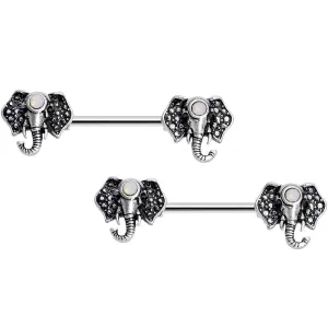 14 Gauge 9/16 White Faux Opal Elegant Elephant Nipple Ring Set