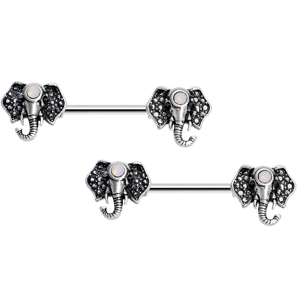 14 Gauge 9/16 White Faux Opal Elegant Elephant Nipple Ring Set
