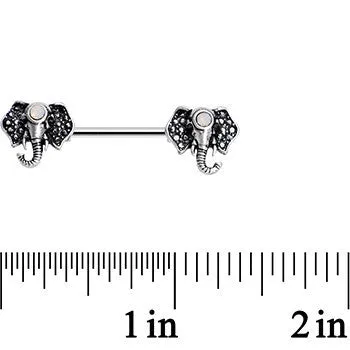 14 Gauge 9/16 White Faux Opal Elegant Elephant Nipple Ring Set