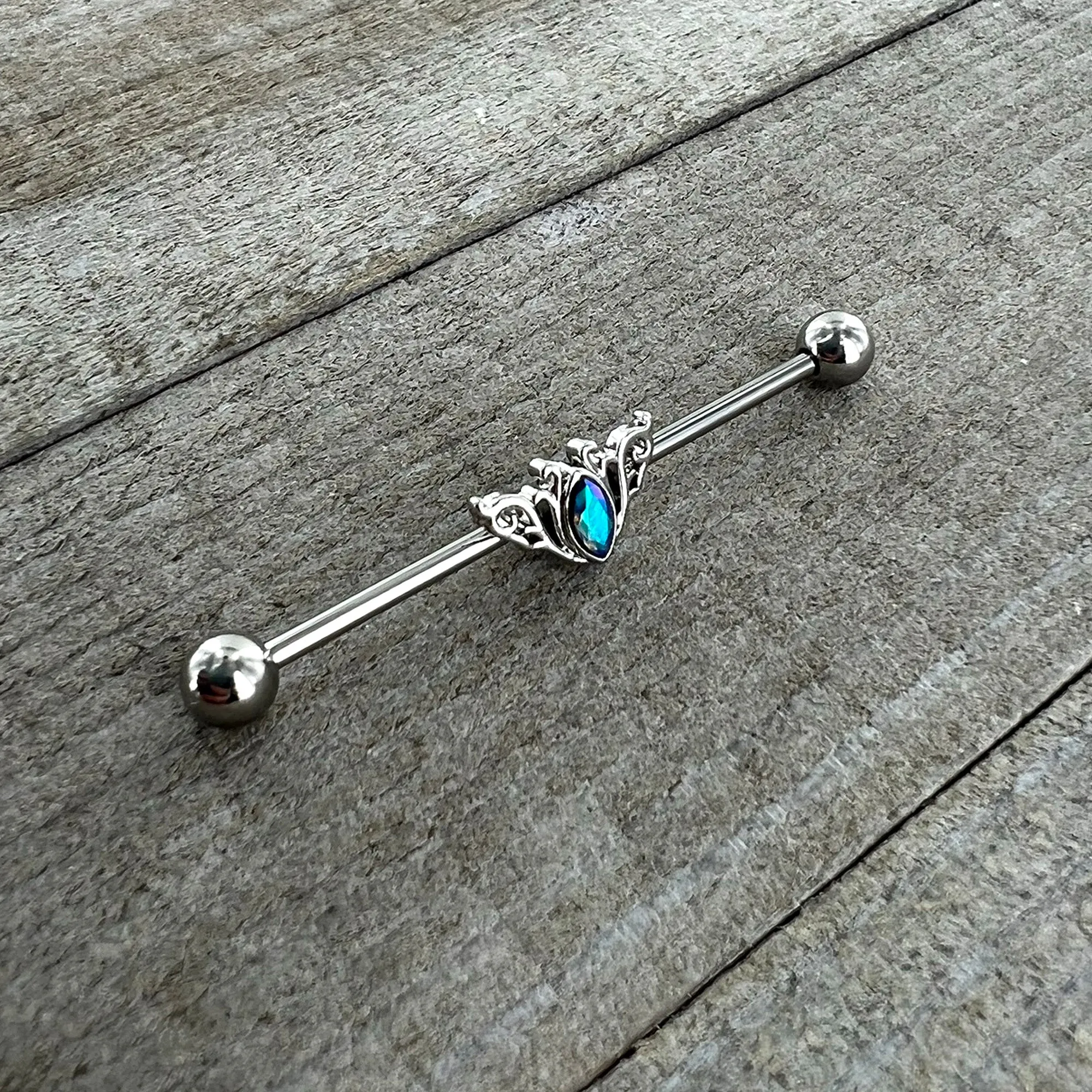 14 Gauge Aurora Gem Art Deco Style Waves Industrial Barbell 38mm