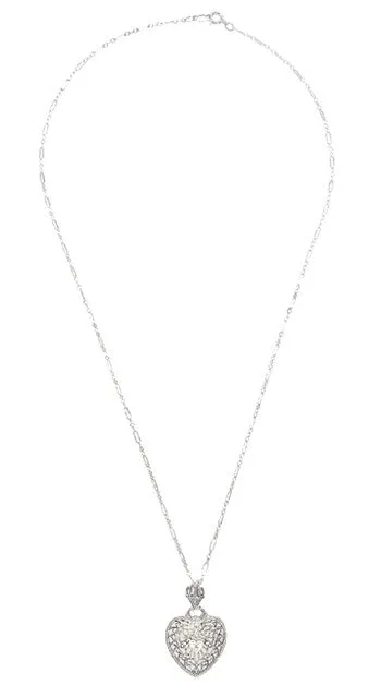 14 Karat White Gold Heart of Love Art Deco Filigree Diamond Pendant Necklace
