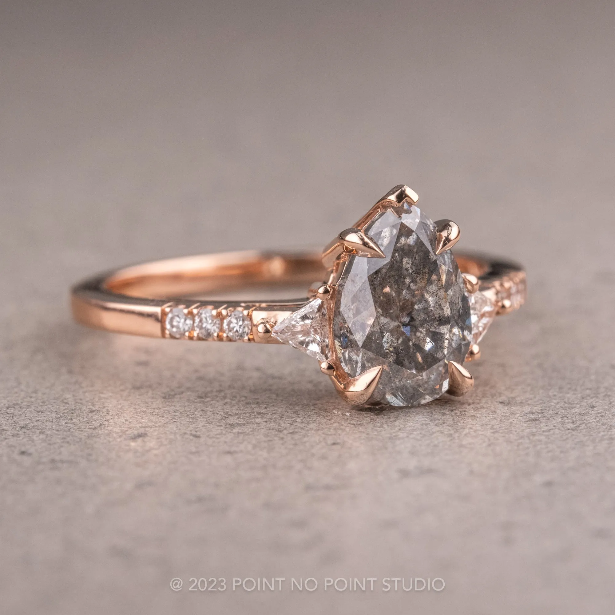 1.40 Carat Salt and Pepper Pear Diamond Engagement Ring, Liza Setting, 14K Rose Gold