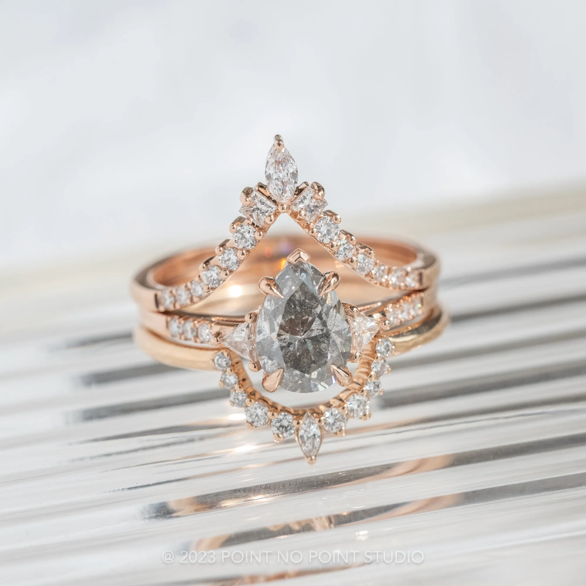 1.40 Carat Salt and Pepper Pear Diamond Engagement Ring, Liza Setting, 14K Rose Gold