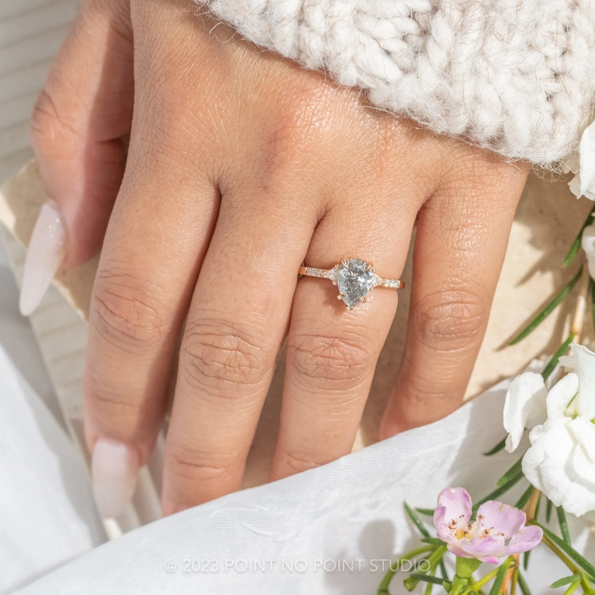 1.40 Carat Salt and Pepper Pear Diamond Engagement Ring, Liza Setting, 14K Rose Gold