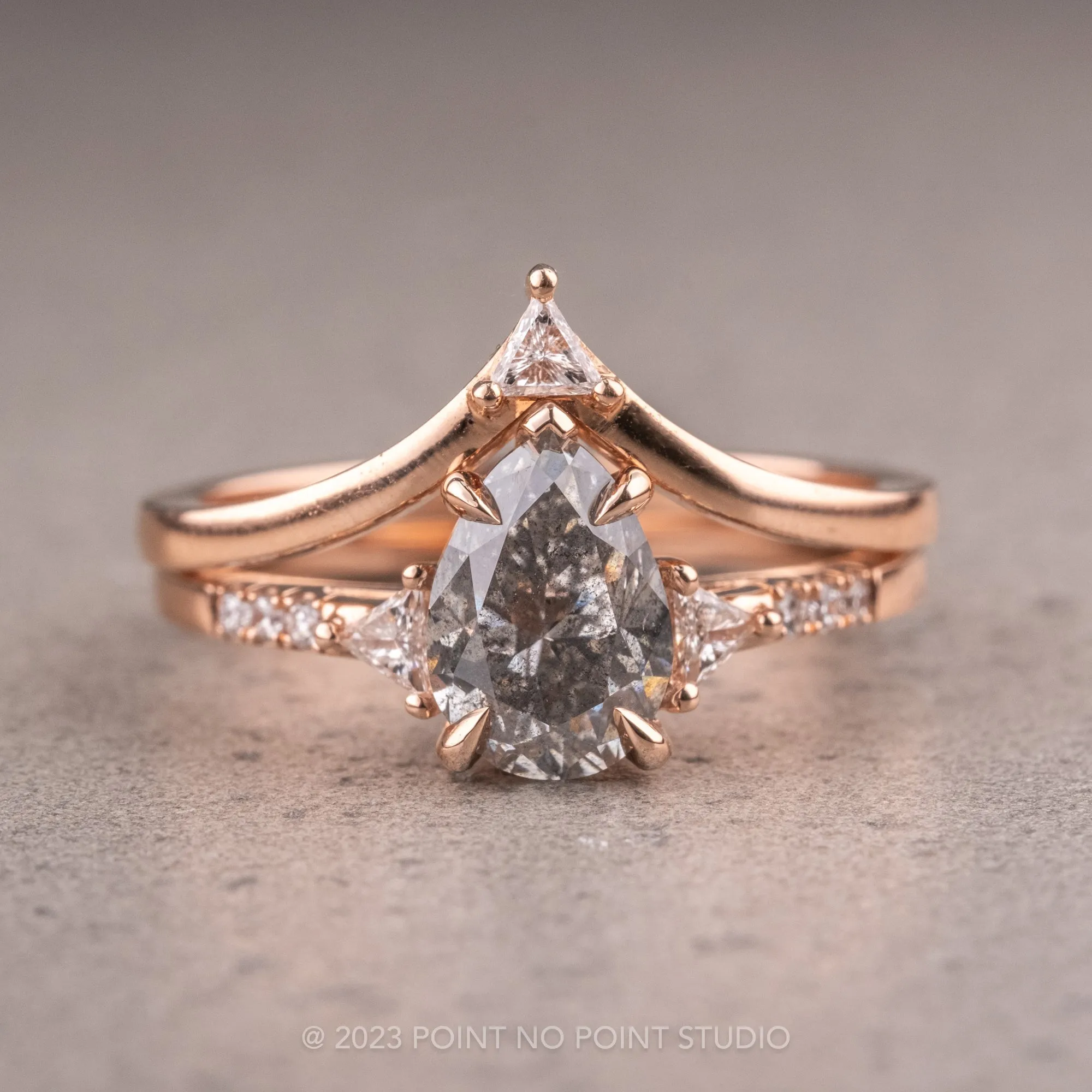 1.40 Carat Salt and Pepper Pear Diamond Engagement Ring, Liza Setting, 14K Rose Gold
