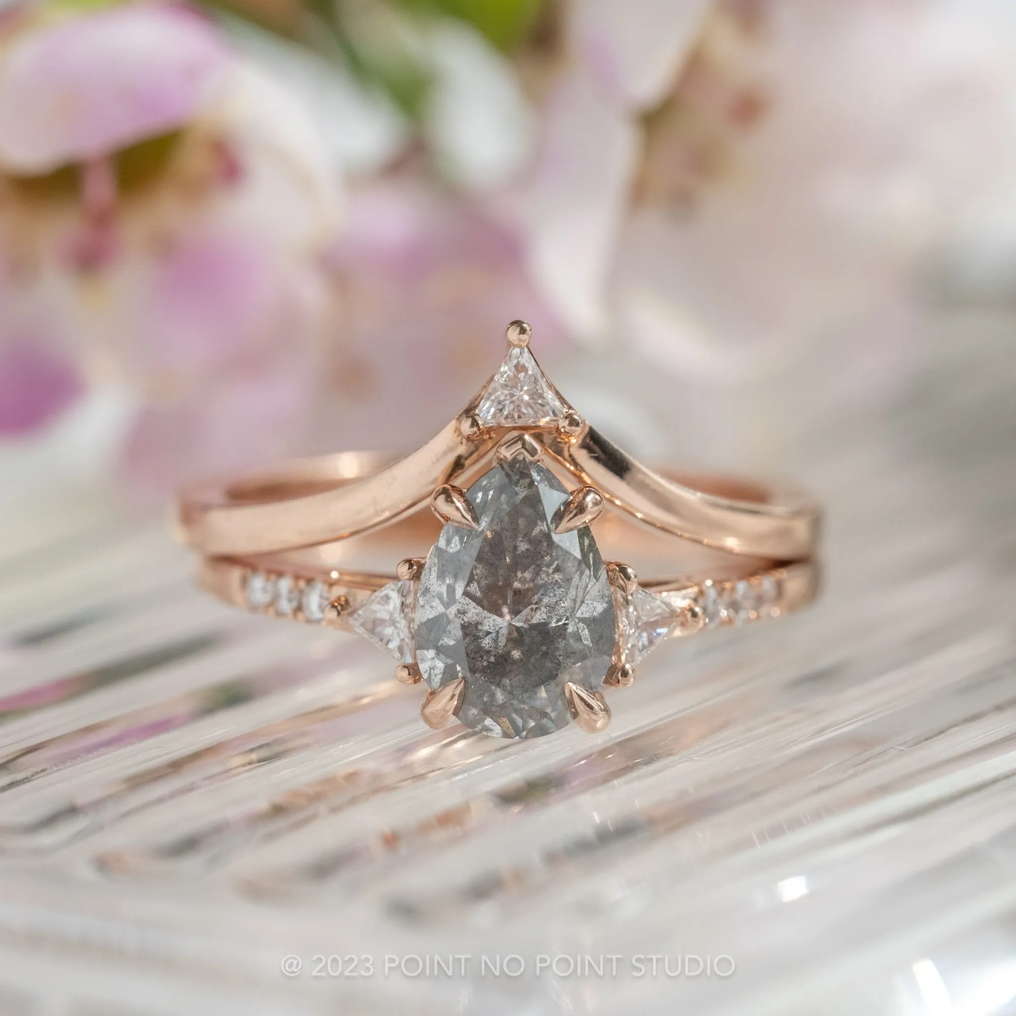 1.40 Carat Salt and Pepper Pear Diamond Engagement Ring, Liza Setting, 14K Rose Gold
