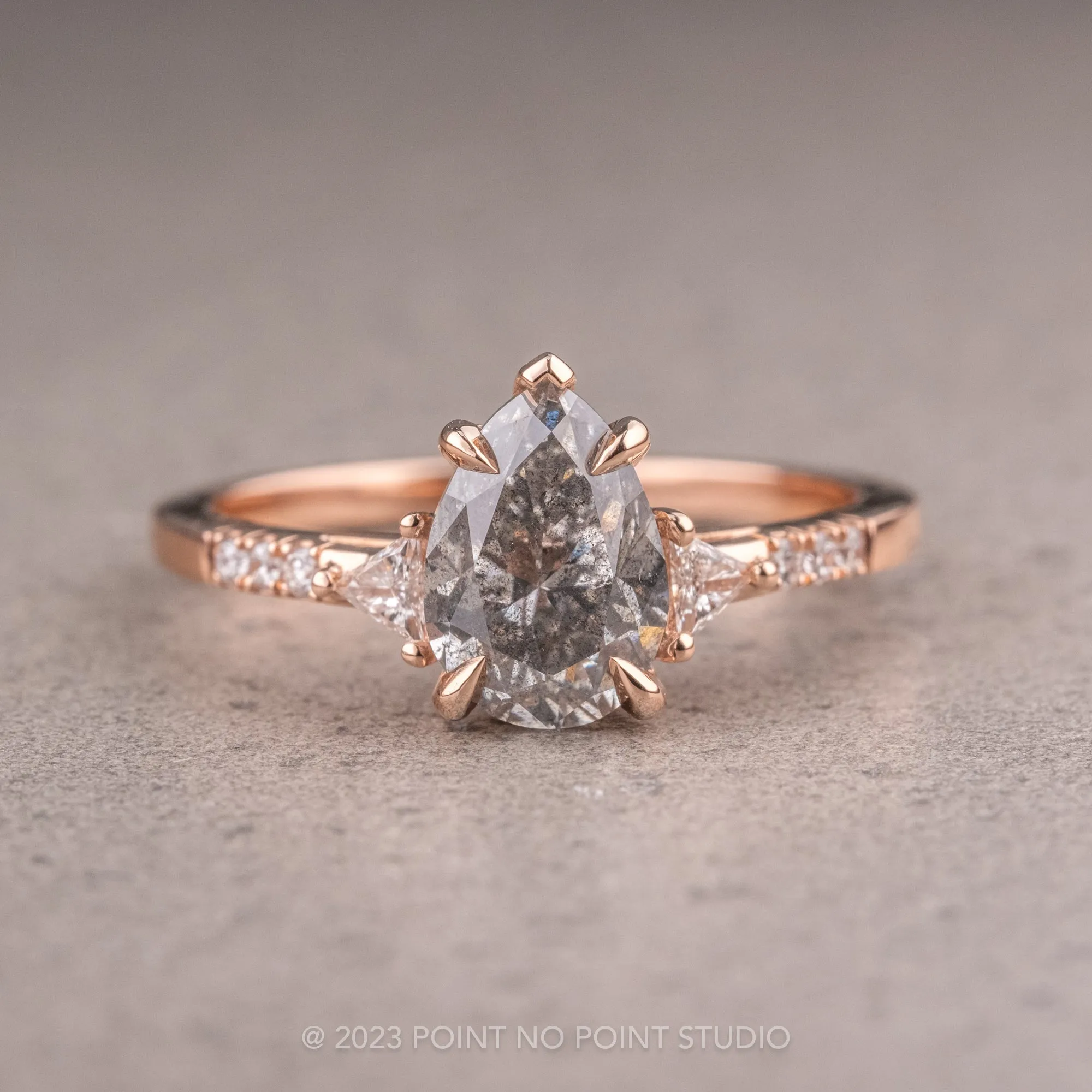 1.40 Carat Salt and Pepper Pear Diamond Engagement Ring, Liza Setting, 14K Rose Gold