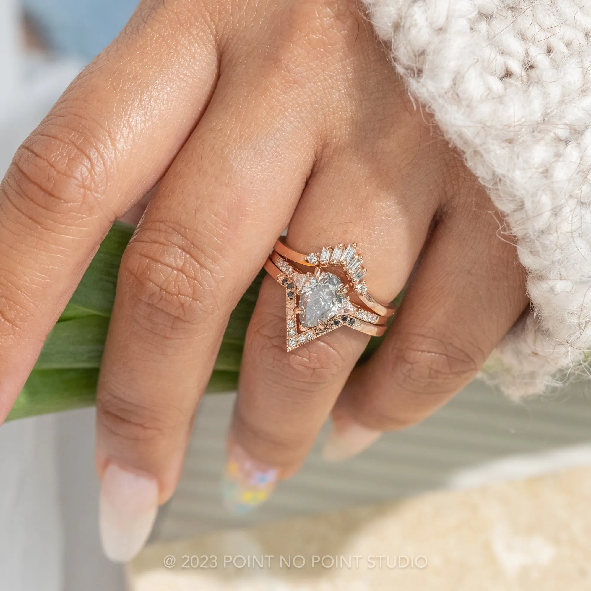 1.40 Carat Salt and Pepper Pear Diamond Engagement Ring, Liza Setting, 14K Rose Gold