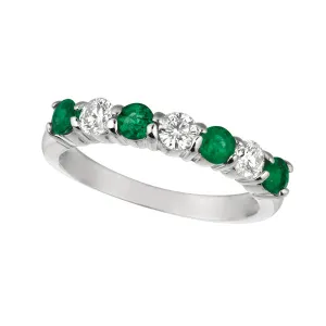 1.45 Carat Natural Diamond & Emerald 7 Stone Ring Band 14K White Gold