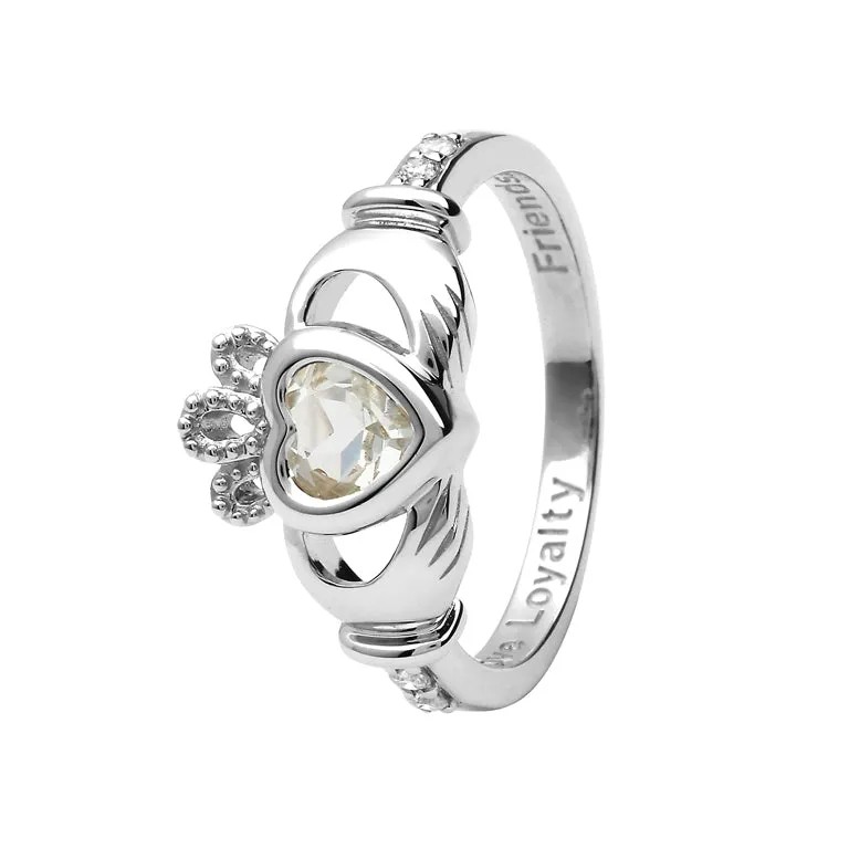 14K Gold Claddagh April Birthstone Ring Genuine White Topaz and Diamonds - 14L90WT