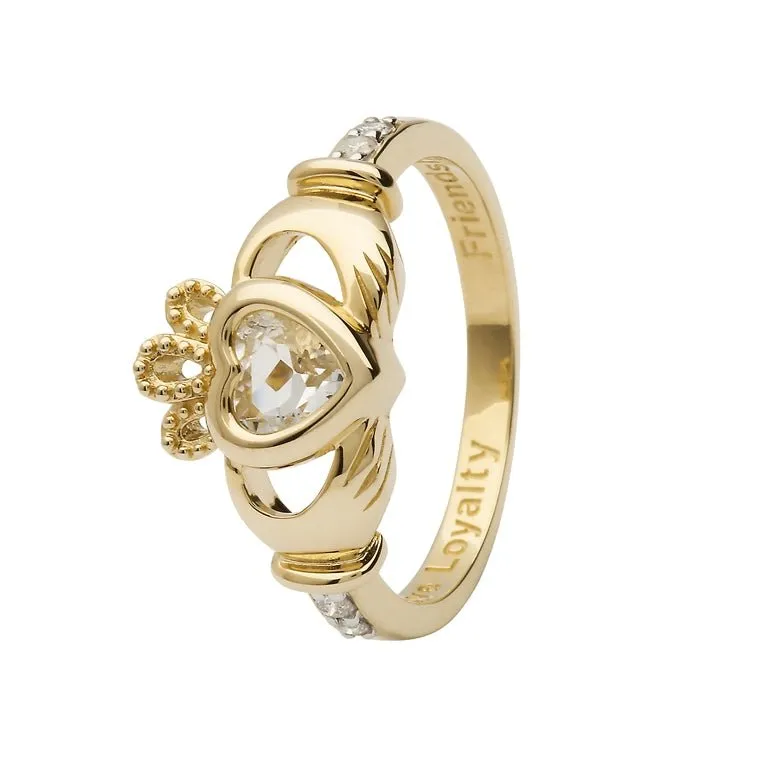14K Gold Claddagh April Birthstone Ring Genuine White Topaz and Diamonds - 14L90WT