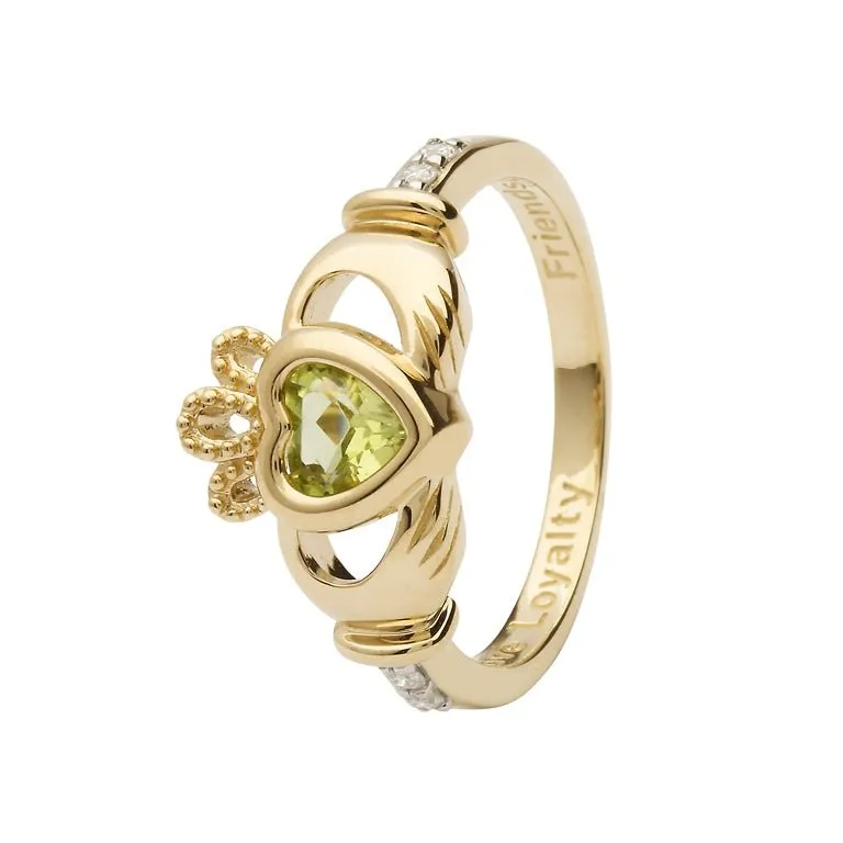 14K Gold Claddagh August Birthstone Ring Genuine Peridot and Diamonds - 14L90P