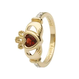 14K Gold Claddagh January Birthstone Ring Genuine Garnet and Diamonds - 14L90G