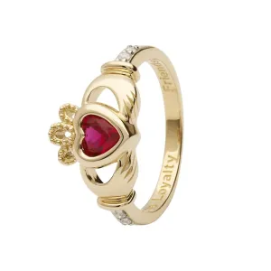14K Gold Claddagh July Birthstone Ring Ruby and Diamonds - 14L90R