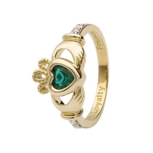 14K Gold Claddagh May Birthstone Ring Emerald and Diamonds - 14L90E
