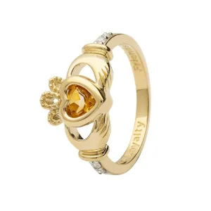 14K Gold Claddagh November Birthstone Ring Genuine Citrine and Diamonds - 14L90C