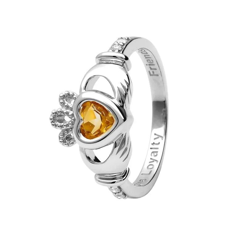 14K Gold Claddagh November Birthstone Ring Genuine Citrine and Diamonds - 14L90C
