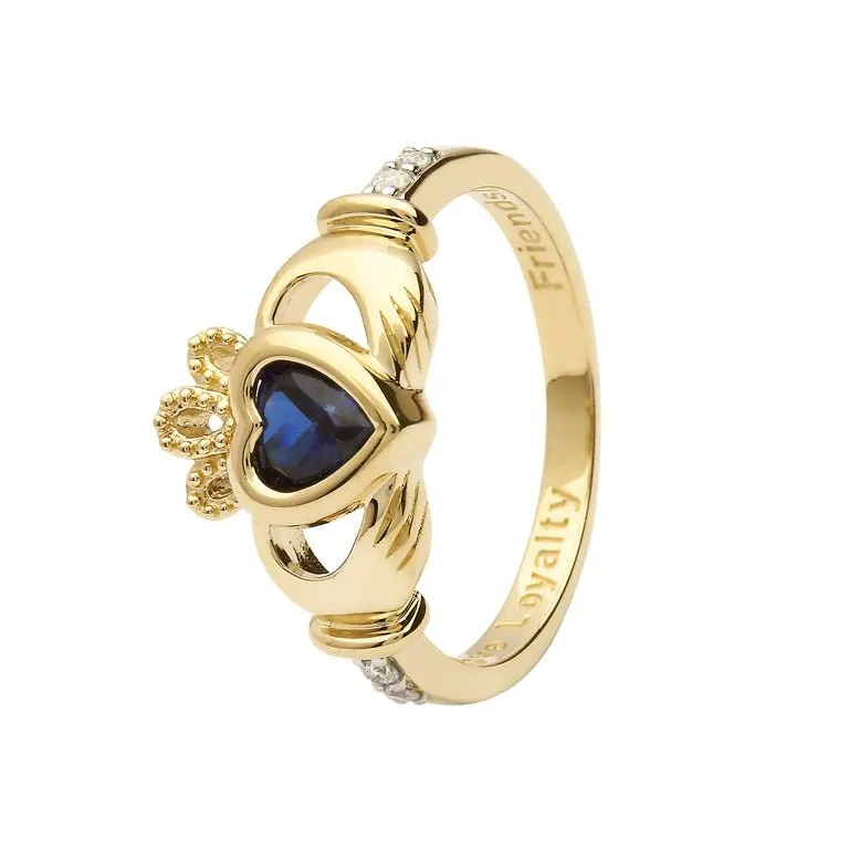 14K Gold Claddagh September Birthstone Ring Blue Sapphire and Diamonds - 14L90S