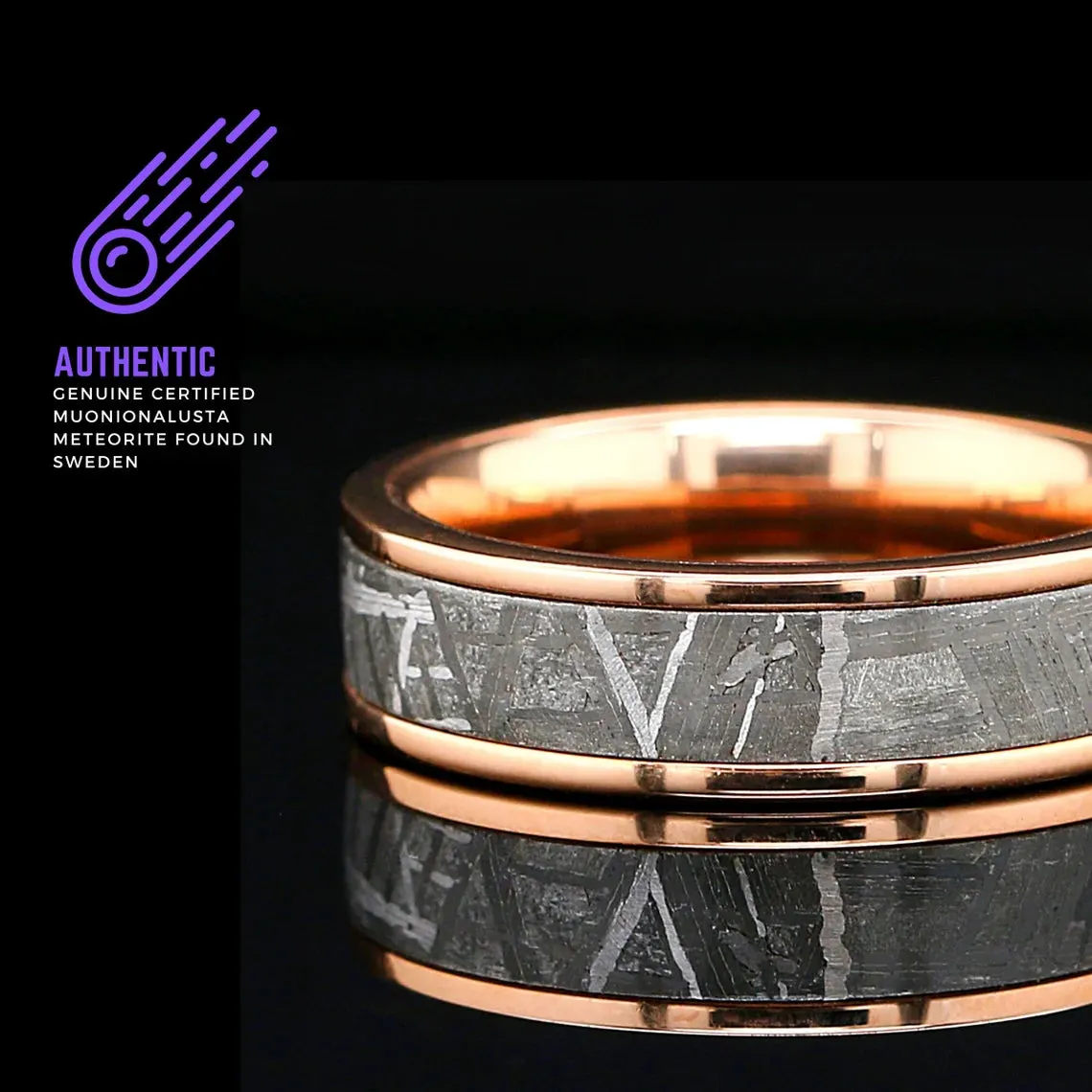 14K Gold Plated Real Meteorite Ring, Stainless Wedding Ring FREE ENGRAVING