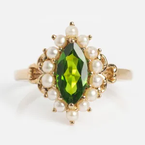 14k Opulent Green Diopside and Pearl Marquise Ring