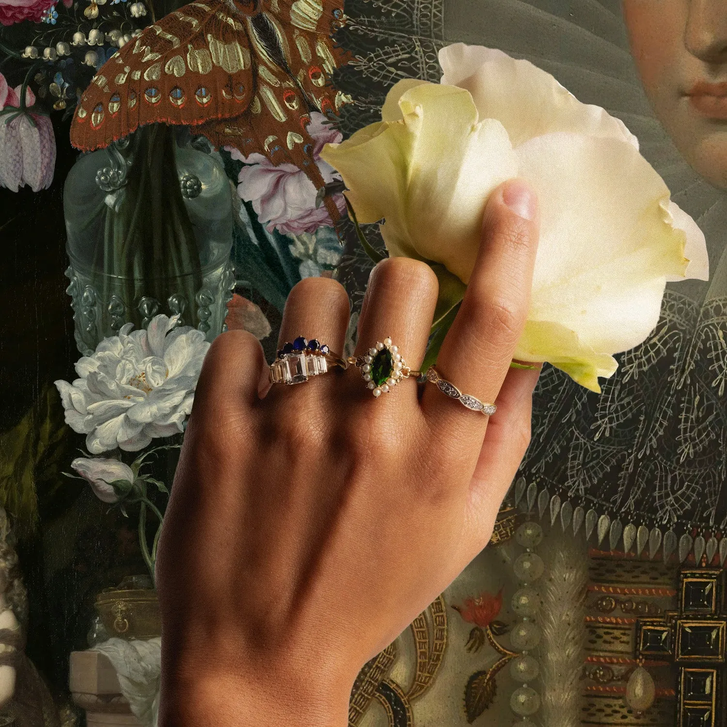 14k Opulent Green Diopside and Pearl Marquise Ring